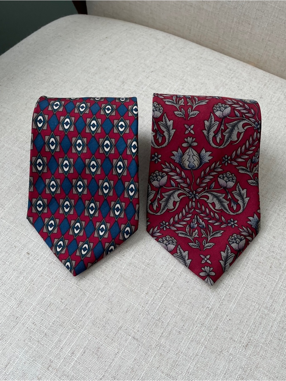 Albert Nipon Burgundy and Blue Patterned Silk Tie Duo